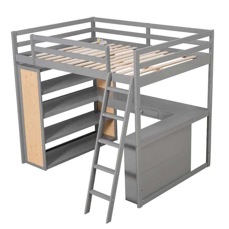 Hochbett mit Schreibtisch, Ablagefächern, Schublade und Leiter, umlaufendem Rausfallschutz