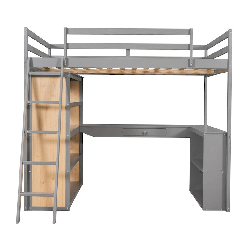 Hochbett mit Schreibtisch, Ablagefächern, Schublade und Leiter, umlaufendem Rausfallschutz