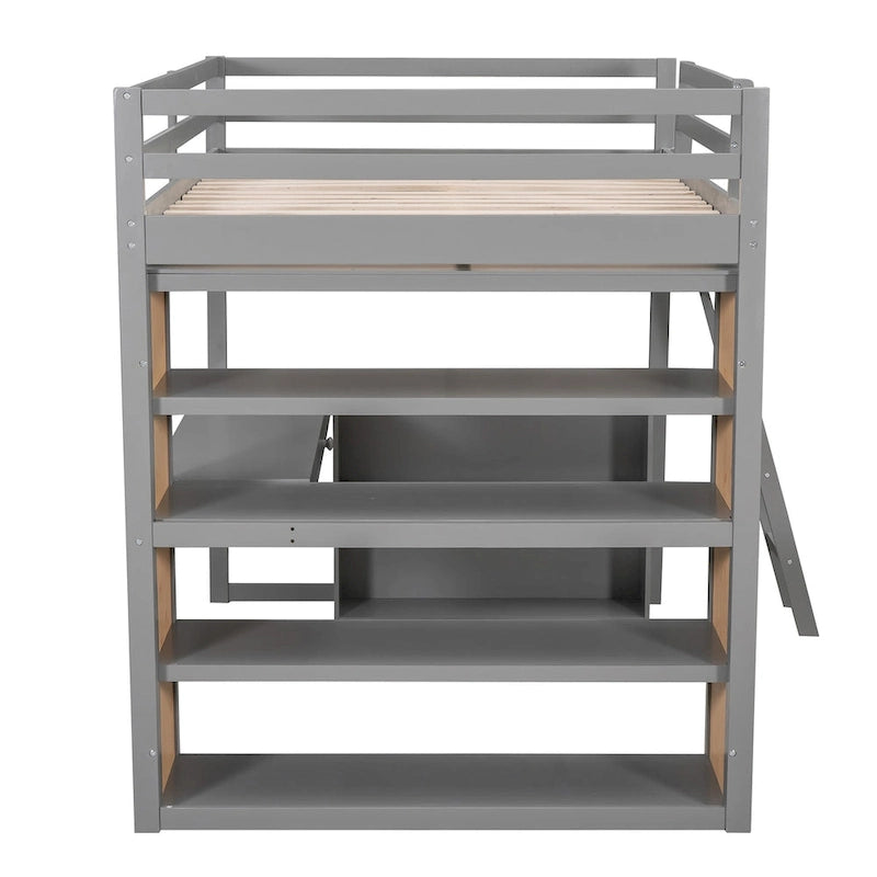 Hochbett mit Schreibtisch, Ablagefächern, Schublade und Leiter, umlaufendem Rausfallschutz