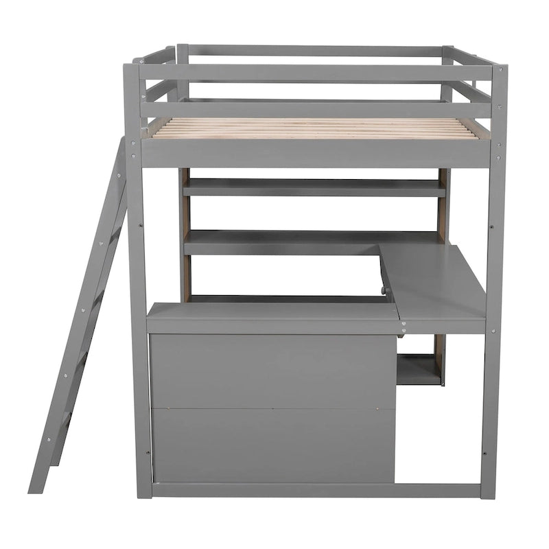 Hochbett mit Schreibtisch, Ablagefächern, Schublade und Leiter, umlaufendem Rausfallschutz