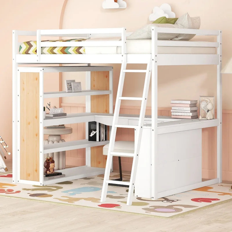 Hochbett mit Schreibtisch, Ablagefächern, Schublade und Leiter, umlaufendem Rausfallschutz