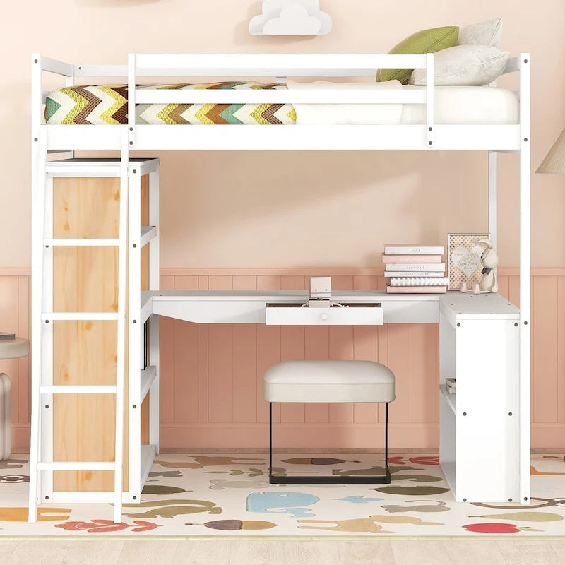 Hochbett mit Schreibtisch, Ablagefächern, Schublade und Leiter, umlaufendem Rausfallschutz