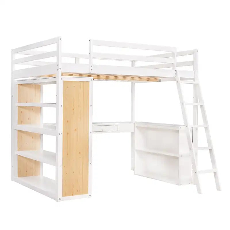 Hochbett mit Schreibtisch, Ablagefächern, Schublade und Leiter, umlaufendem Rausfallschutz