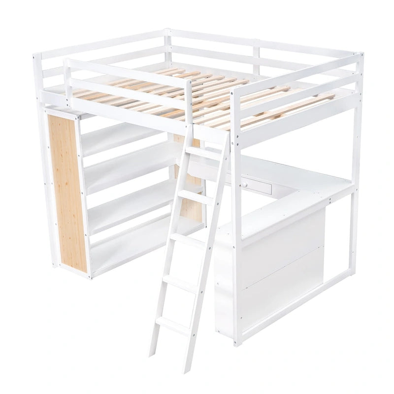Hochbett mit Schreibtisch, Ablagefächern, Schublade und Leiter, umlaufendem Rausfallschutz