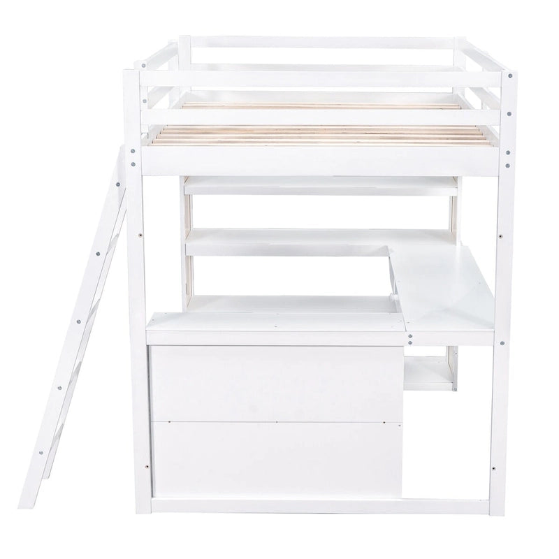 Hochbett mit Schreibtisch, Ablagefächern, Schublade und Leiter, umlaufendem Rausfallschutz