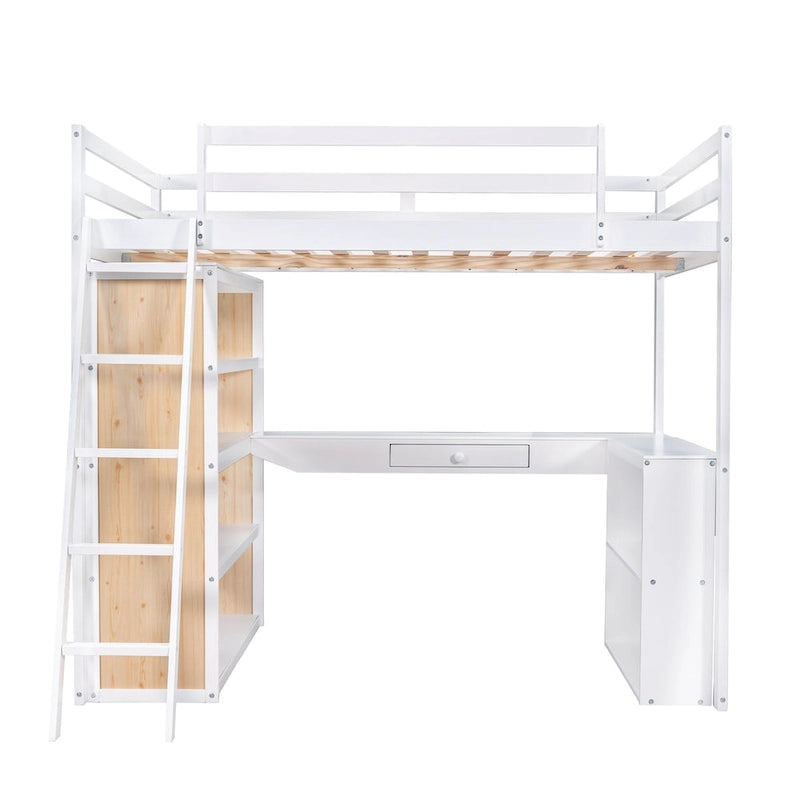 Hochbett mit Schreibtisch, Ablagefächern, Schublade und Leiter, umlaufendem Rausfallschutz