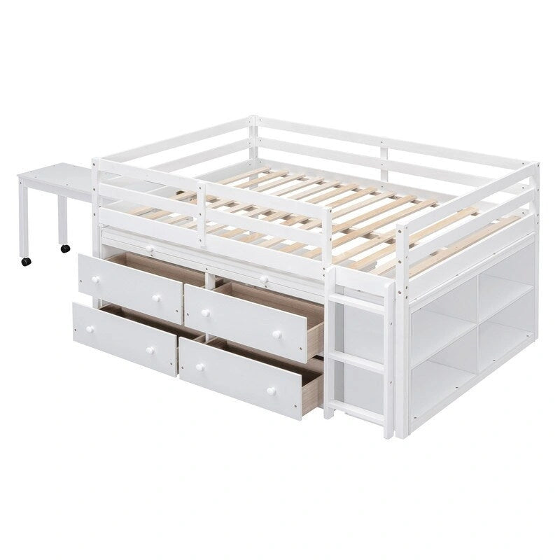 Cama alta de tamaño Full con escritorio retráctil y 4 cajones