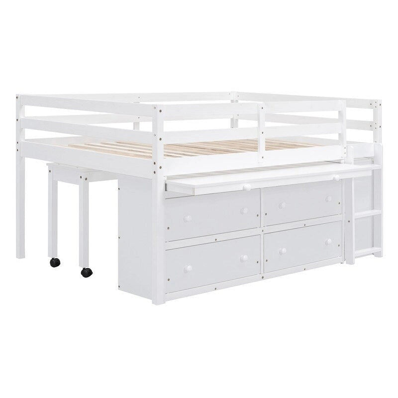 Hochbett in Full-Größe mit ausziehbarem Schreibtisch und 4 Schubladen