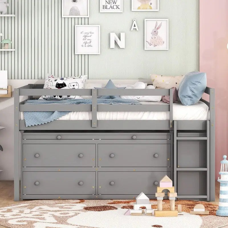 Hochbett in Full-Größe mit ausziehbarem Schreibtisch und 4 Schubladen