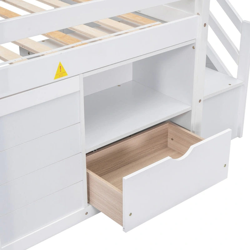 Cama alta baja tamaño Twin con cajones y escalera