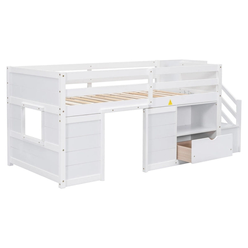 Cama alta baja tamaño Twin con cajones y escalera
