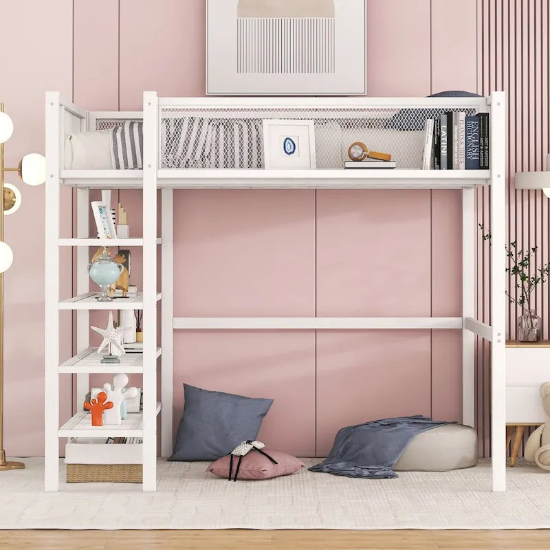 Cama alta individual de metal con estantes de 4 niveles y almacenamiento