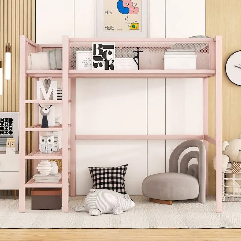 Cama alta individual de metal con estantes de 4 niveles y almacenamiento