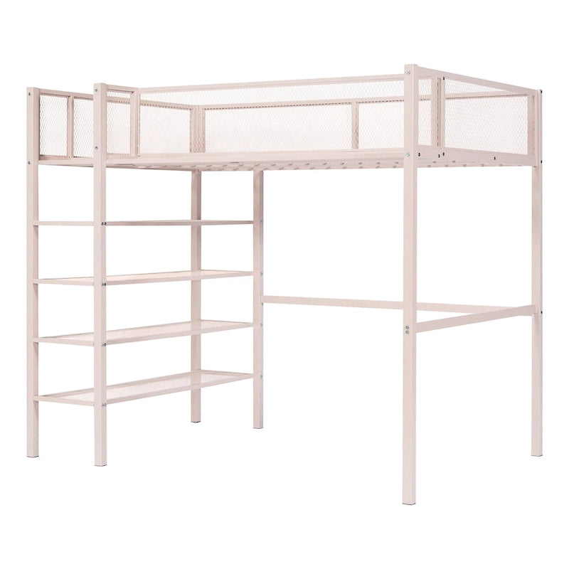 Cama alta individual de metal con estantes de 4 niveles y almacenamiento