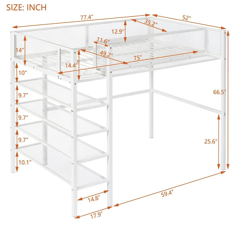 Cama alta individual de metal con estantes de 4 niveles y almacenamiento
