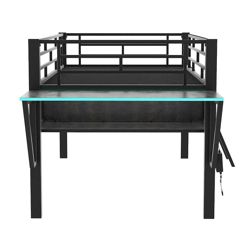 Cama alta intermedia individual para videojuegos con escritorio y LED