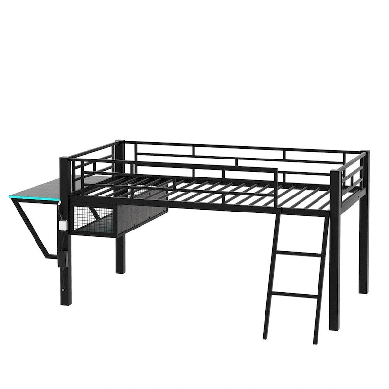 Cama alta intermedia individual para videojuegos con escritorio y LED