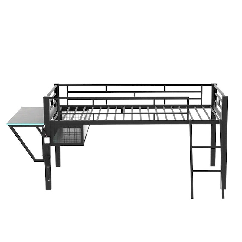 Cama alta intermedia individual para videojuegos con escritorio y LED