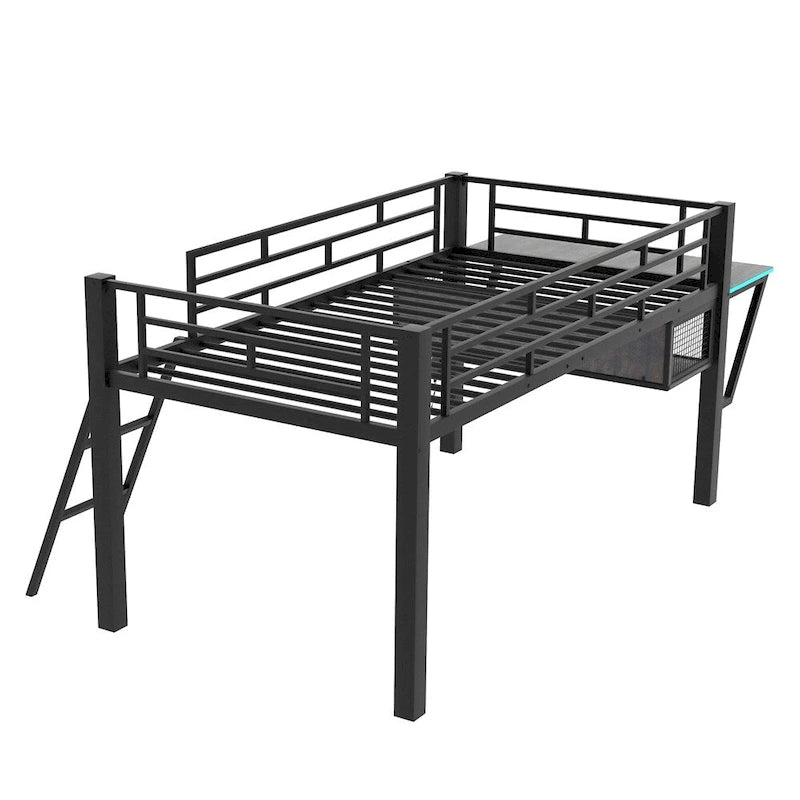 Cama alta intermedia individual para videojuegos con escritorio y LED