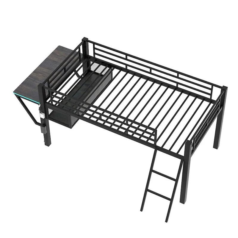Cama alta intermedia individual para videojuegos con escritorio y LED