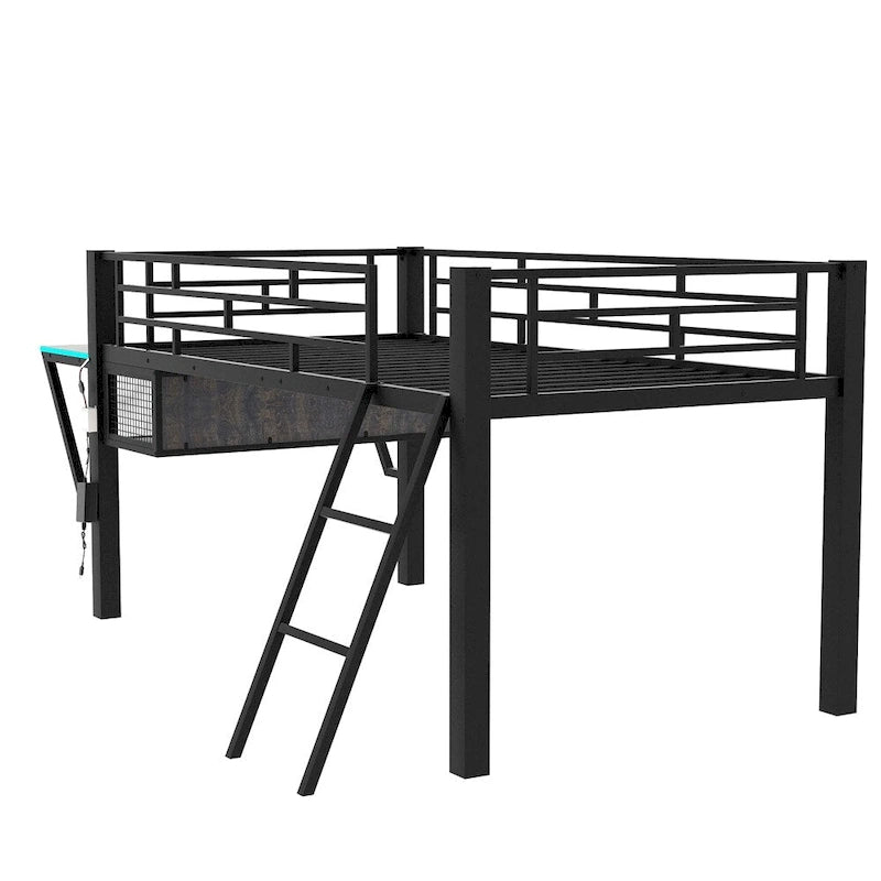 Cama alta intermedia individual para videojuegos con escritorio y LED