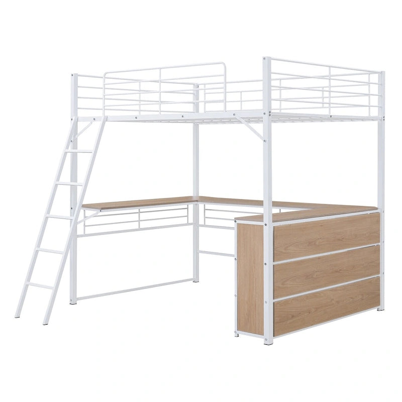 Cama alta metálica blanca con escritorio en forma de L y estantes de 3 niveles, escalera reversible