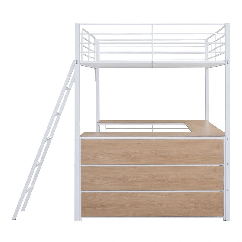 Weißes Metall-Hochbett mit L-förmigem Schreibtisch und 3-stufigen Ablagen, Leiter beidseitig montierbar