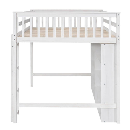 Cama alta matrimonial con estantes de almacenamiento, estructura de cama alta de madera con librero, cama alta con escalera para niños, niñas y adolescentes