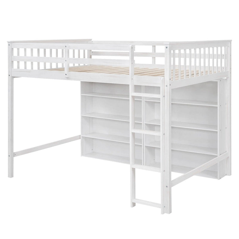 Cama alta matrimonial con estantes de almacenamiento, estructura de cama alta de madera con librero, cama alta con escalera para niños, niñas y adolescentes