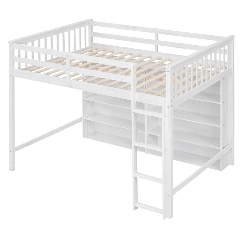 Cama alta matrimonial con estantes de almacenamiento, estructura de cama alta de madera con librero, cama alta con escalera para niños, niñas y adolescentes