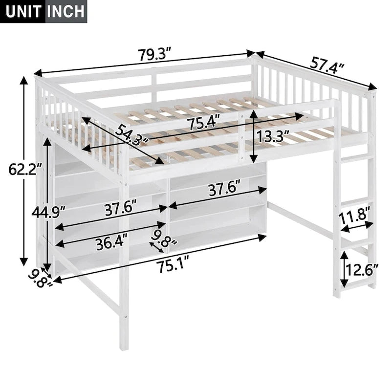 Cama alta matrimonial con estantes de almacenamiento, estructura de cama alta de madera con librero, cama alta con escalera para niños, niñas y adolescentes