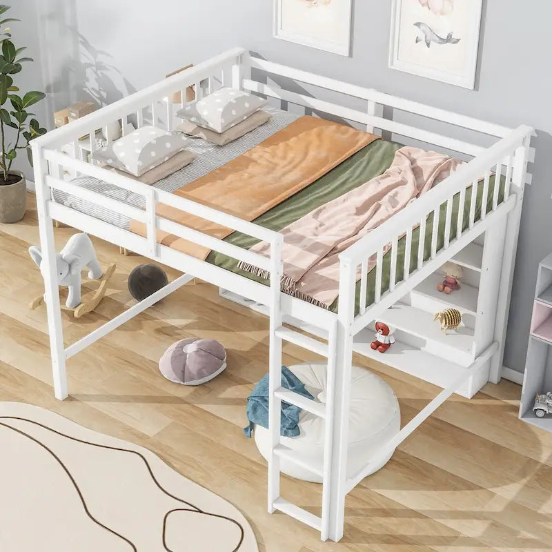 Cama alta matrimonial con estantes de almacenamiento, estructura de cama alta de madera con librero, cama alta con escalera para niños, niñas y adolescentes
