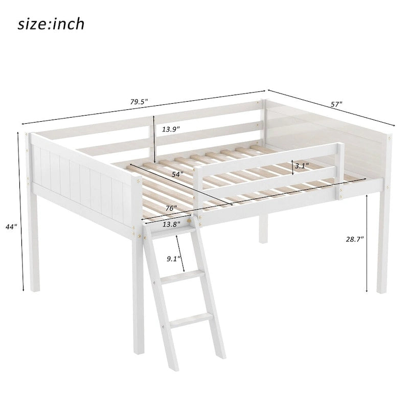Niedriges Holz-Hochbett mit Leiter, Leiter kann links oder rechts angebracht werden