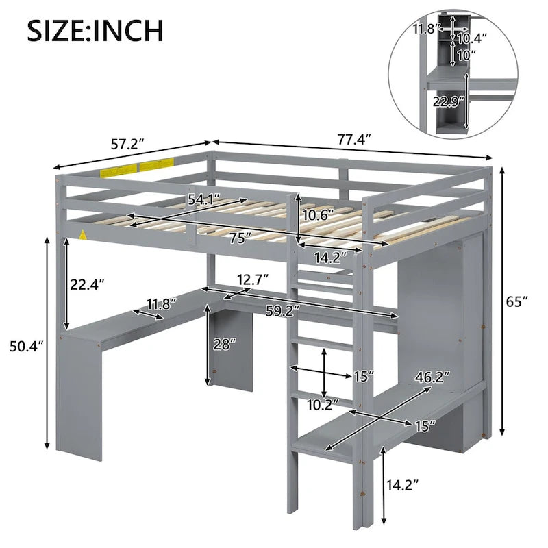 Hochbett in Full-Größe aus Holz mit L-förmigem Schreibtisch, Kleiderschrank und Ablagefächern
