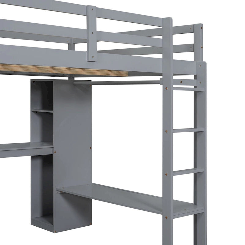 Cama alta matrimonial de madera con escritorio en forma de L, armario y estantes de almacenamiento