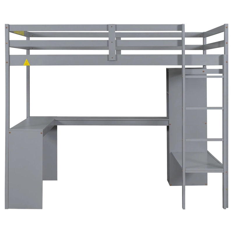 Hochbett in Full-Größe aus Holz mit L-förmigem Schreibtisch, Kleiderschrank und Ablagefächern