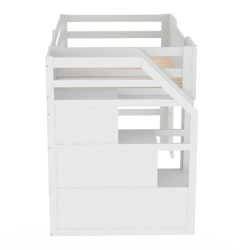 Cama alta tamaño individual con escalera de almacenamiento y ventana