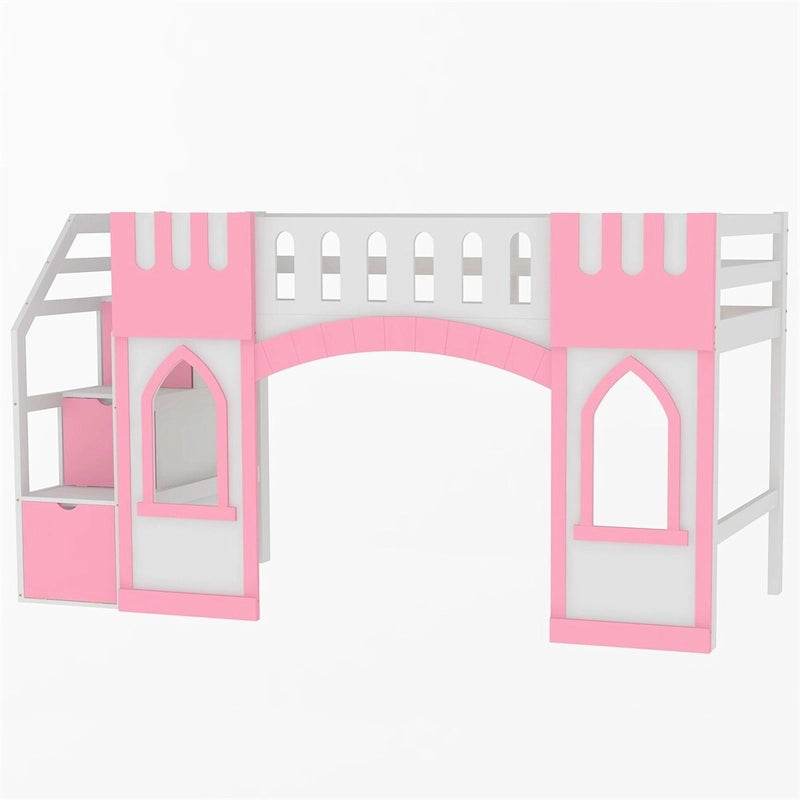 Cama alta tamaño individual con escalera de almacenamiento y ventana