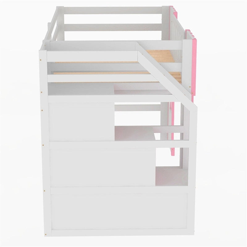 Cama alta tamaño individual con escalera de almacenamiento y ventana