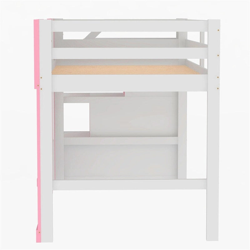 Cama alta tamaño individual con escalera de almacenamiento y ventana